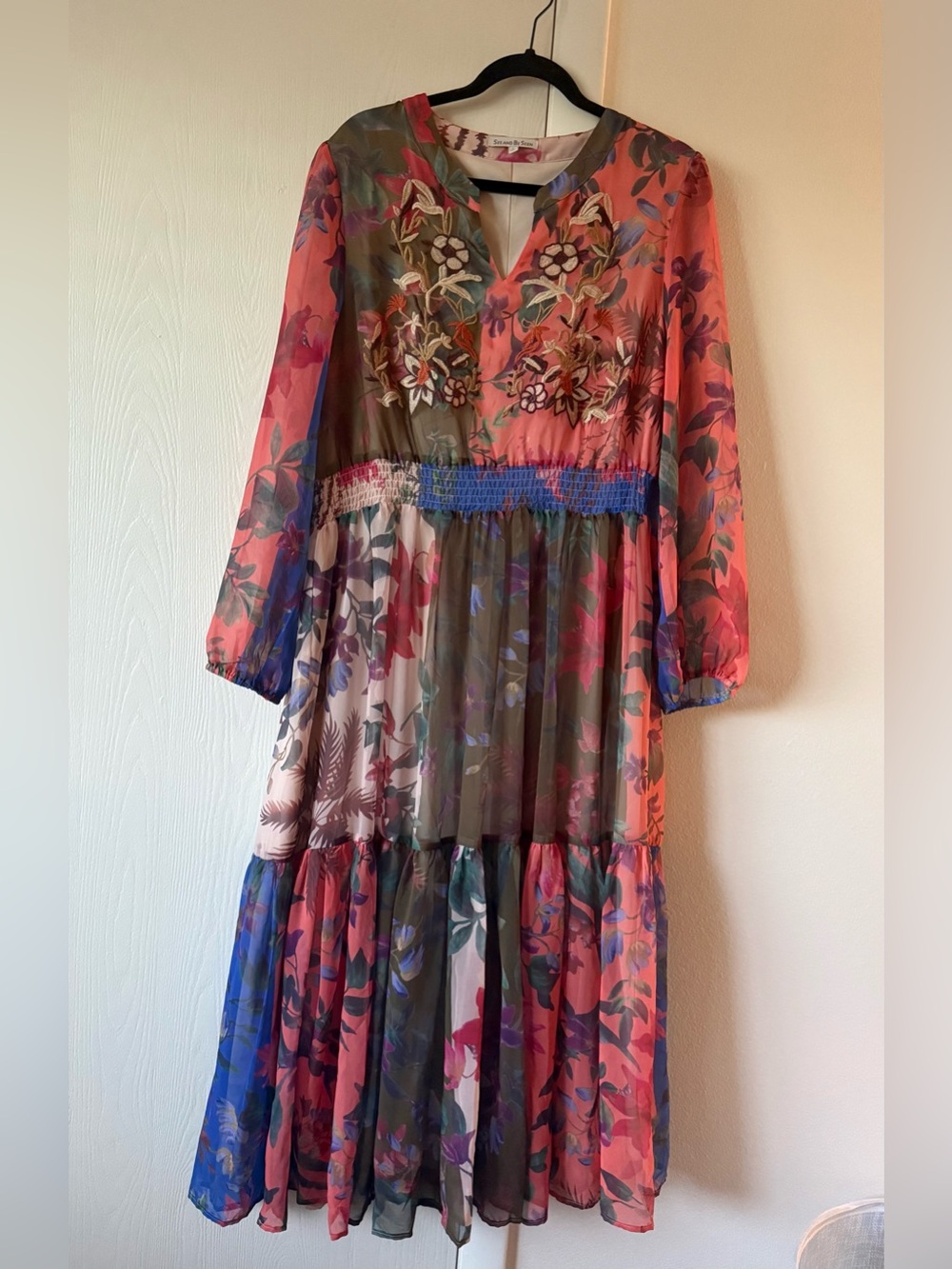 See And Be Seen Floral Embroidered Tiered Maxi Dress - L